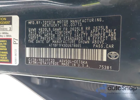 2013 Toyota Camry Se z USA, uszkodzony, nr VIN 4T1BF1FK9DU678665